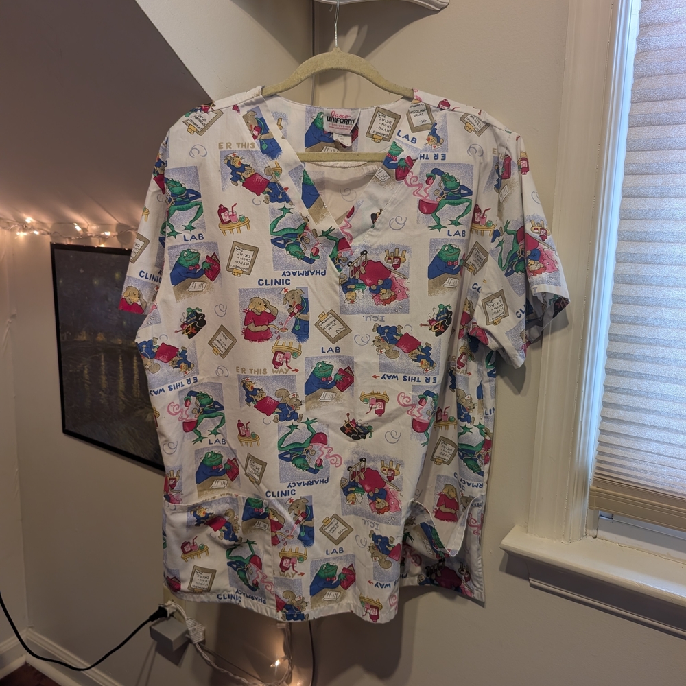 Colorful Cartoon Print Unisex Scrub Top
